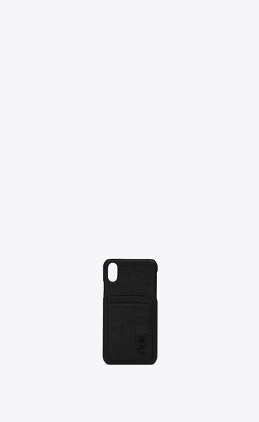 Monogramme Etui für iPhone 10 aus schwarzem Leder mit Krokodillederprägung